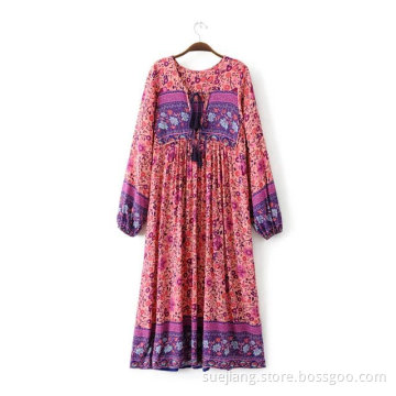 Clothing Flower Printing Loose Casual Dress With Bow
